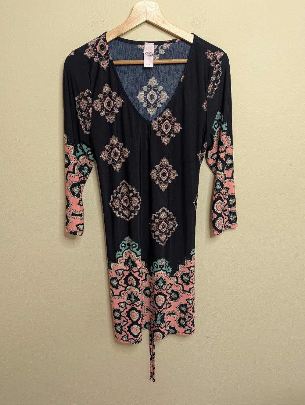Pink Coconut Boutique Navy Medallion Print Mini Dress 3/4 Sleeve Tie Hem Small